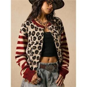 Leopard Cardigan Button Down Color Block Red and Brown Y2k Sweaters Long Sleeve